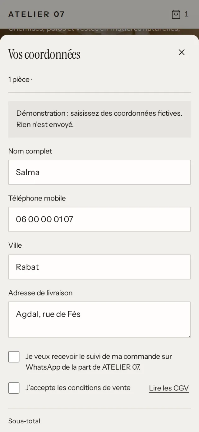 La commande sur le site d’Atelier 07 : coordonnées et paiement à la livraison