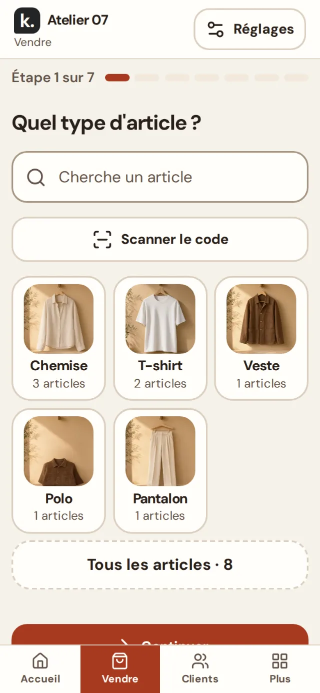 Écran Vendre du logiciel sur téléphone : choisir le type d’article, montants masqués